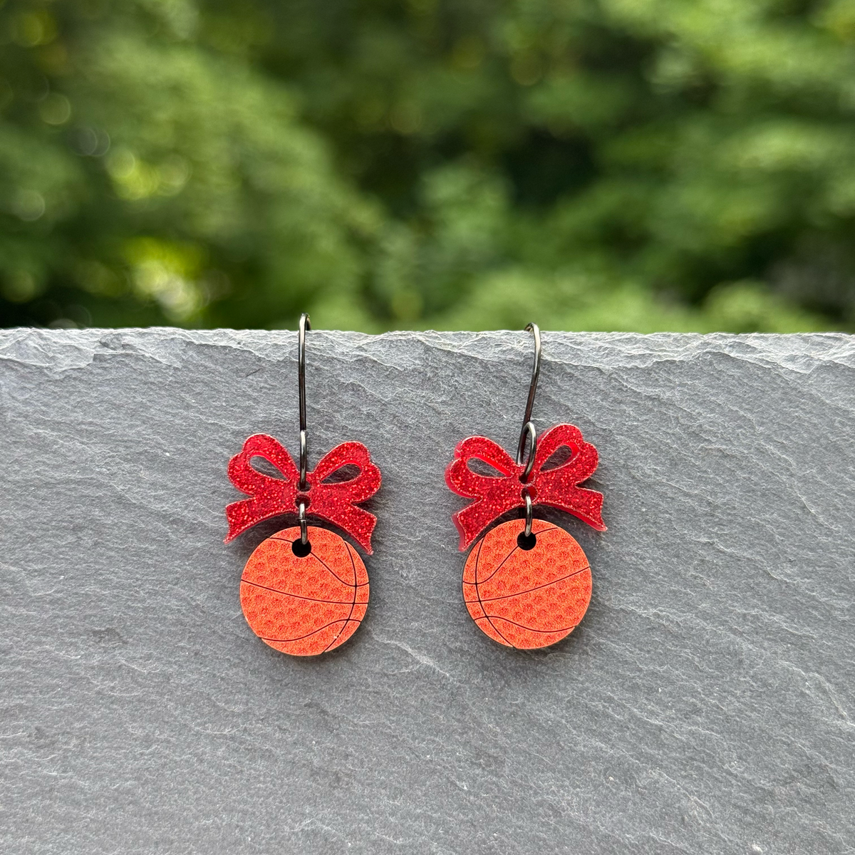 Basketball & Bow Acrylic Drop Dangle Earrings
