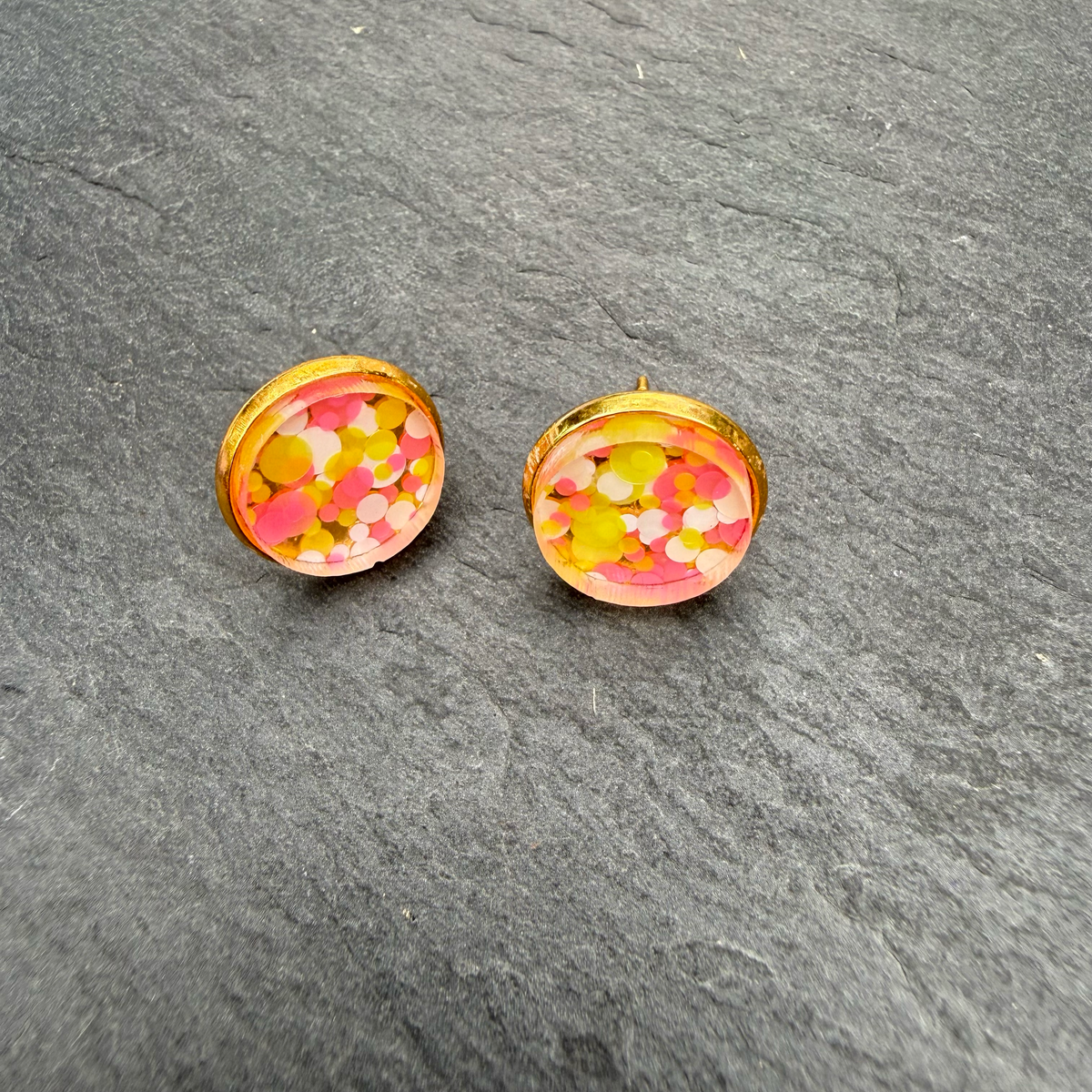 Pink & Yellow Confetti Acrylic Circle Stud Earrings