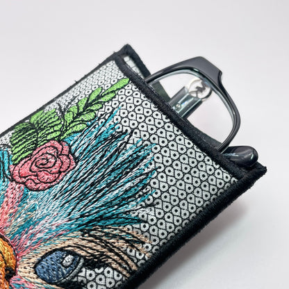 Bird Brain on Gray Dot Embroidered Eye Glass Case