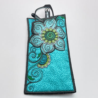 Turquoise Flower Embroidered Eye Glass Case