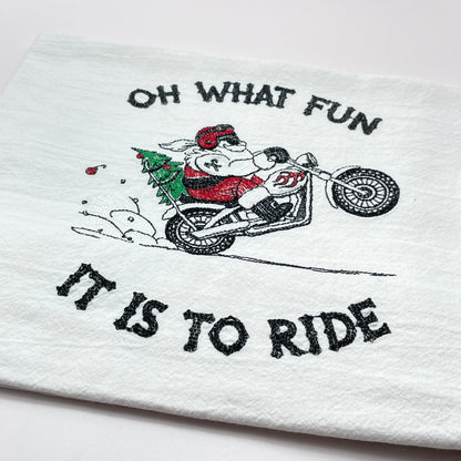 Santa Motorcycle Embroidered Tea Towel