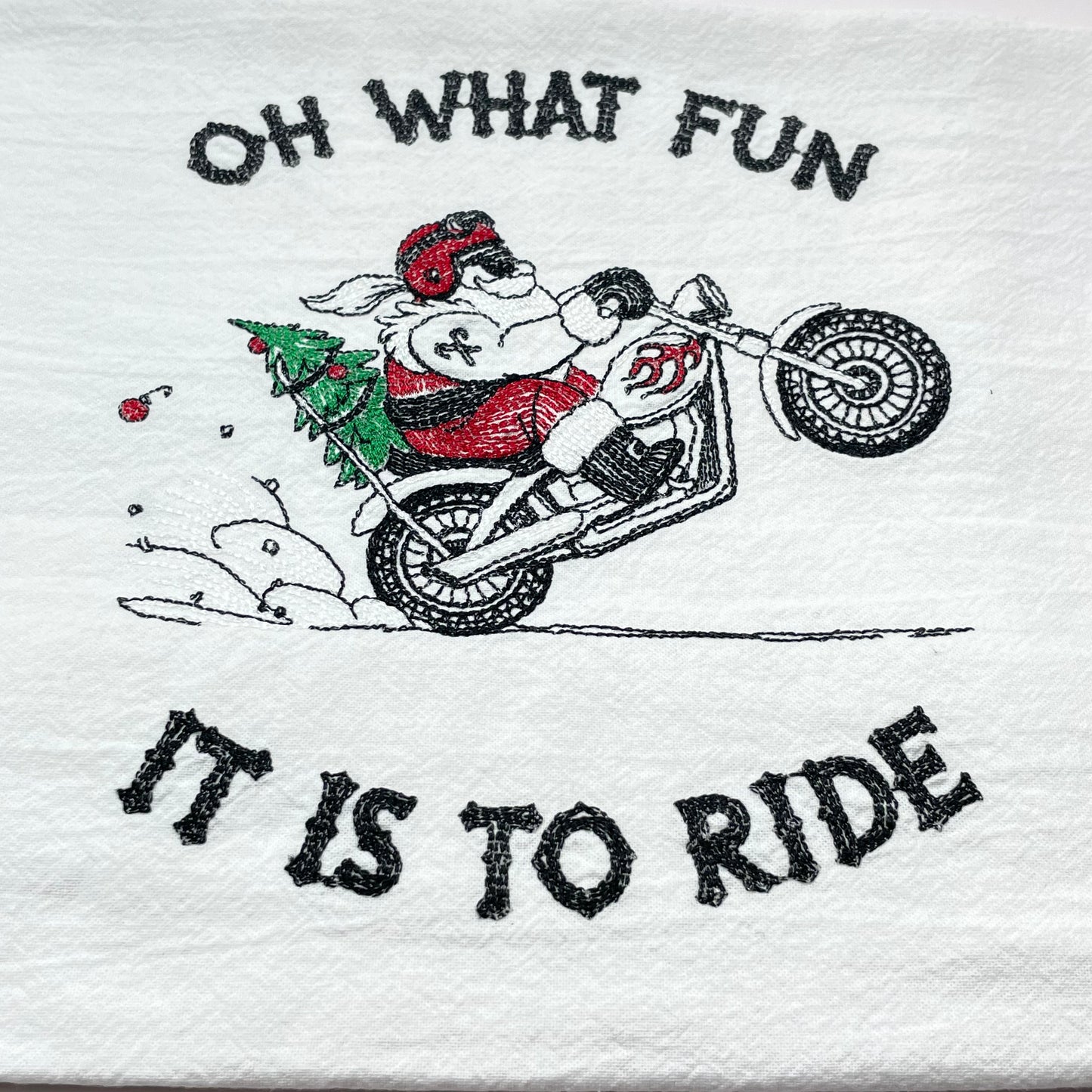 Santa Motorcycle Embroidered Tea Towel