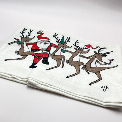 Dancing Santa & Deer Embroidered Tea Towel