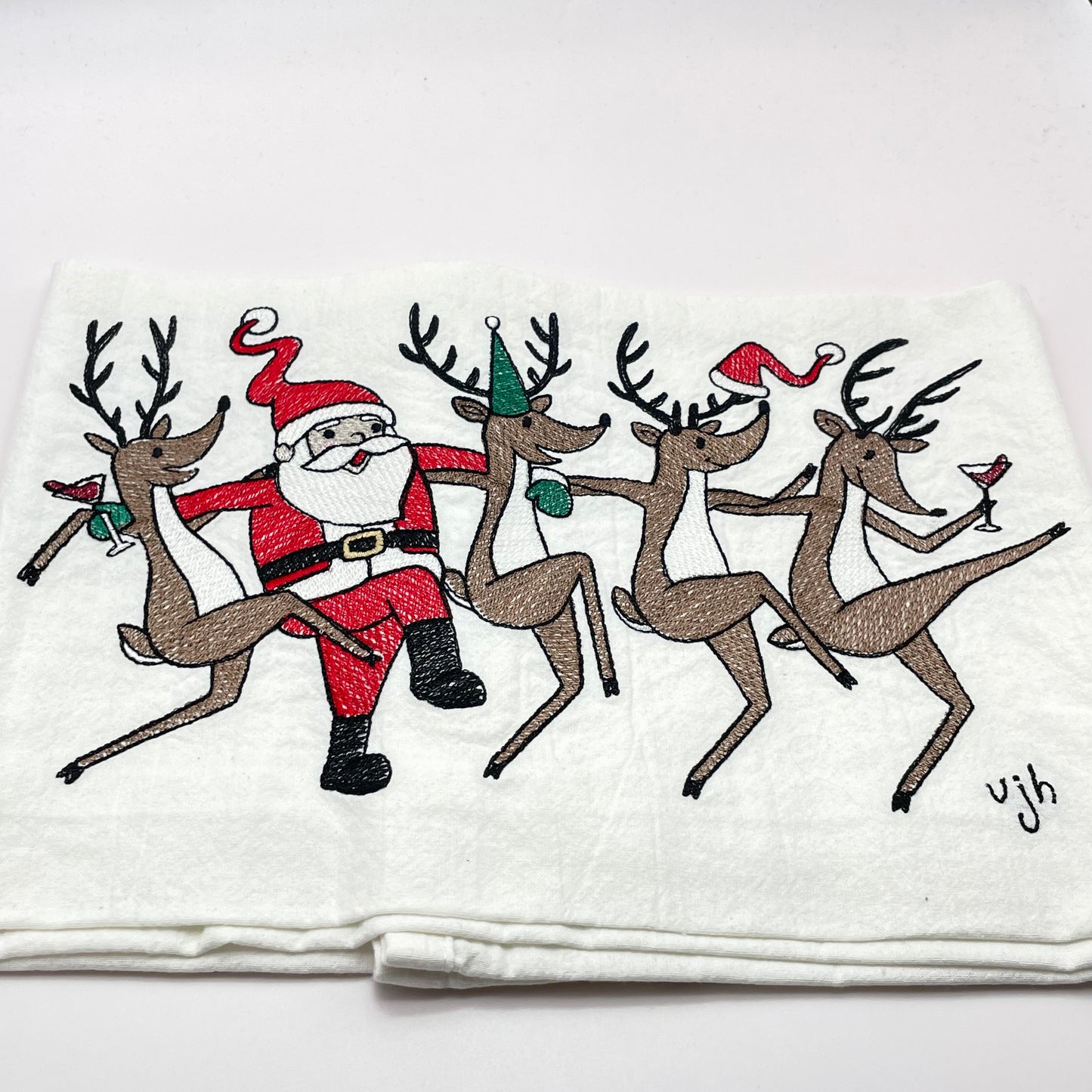 Dancing Santa & Deer Embroidered Tea Towel