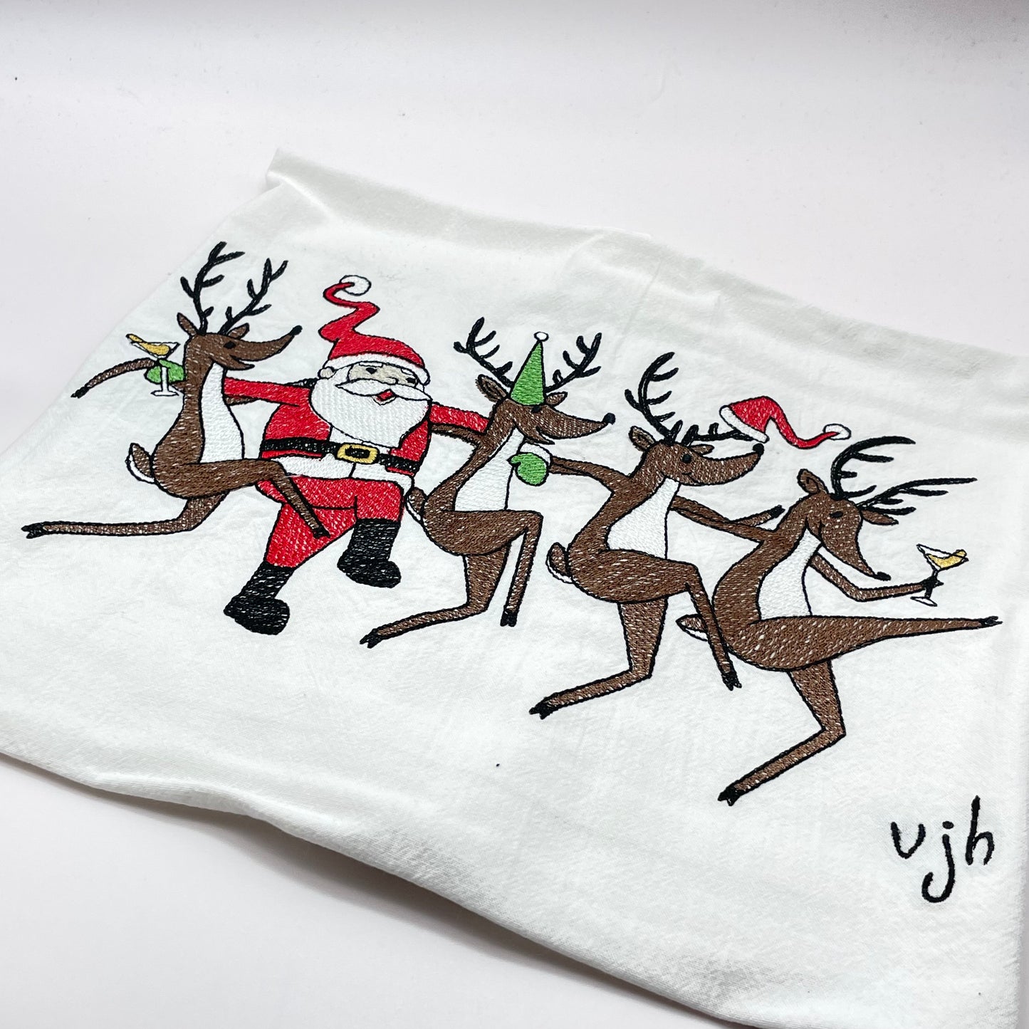 Dancing Santa & Deer Embroidered Tea Towel