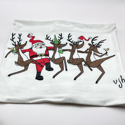 Dancing Santa & Deer Embroidered Tea Towel