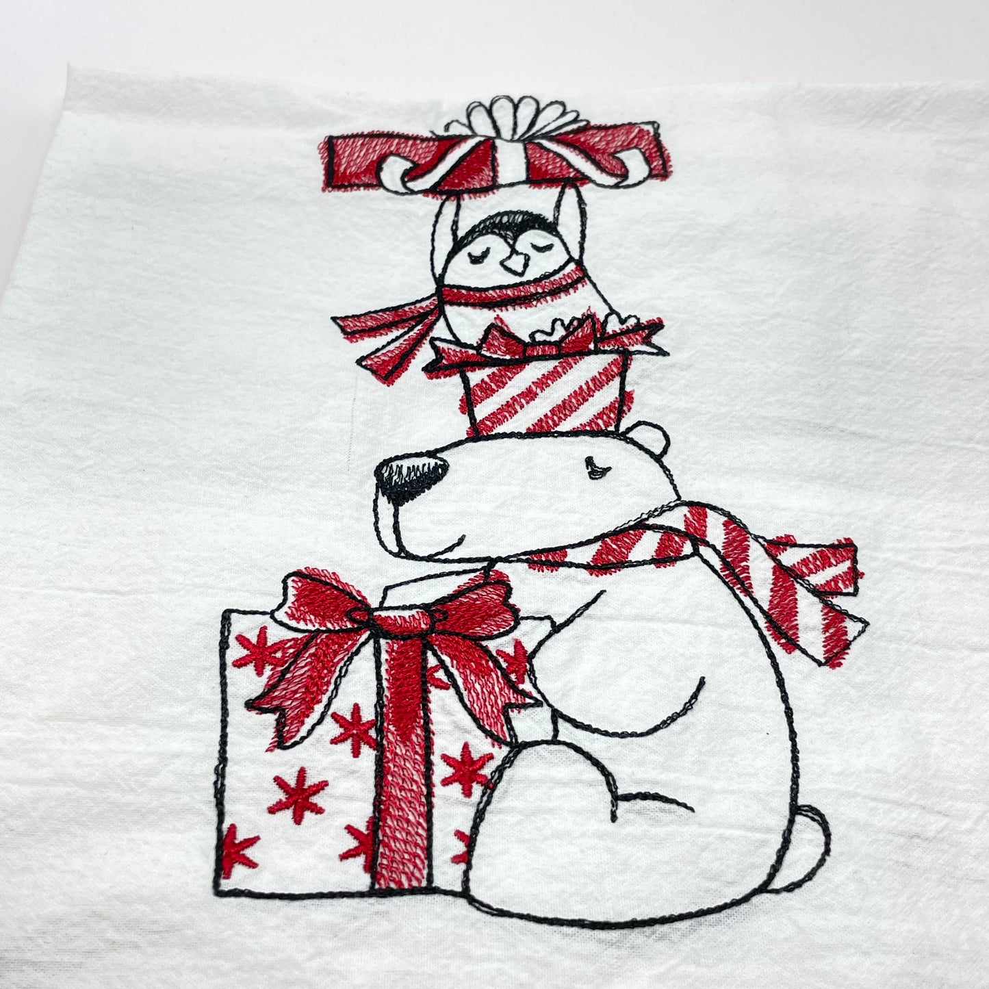 Polar Bear Penguin Present Stack Embroidered Tea Towel