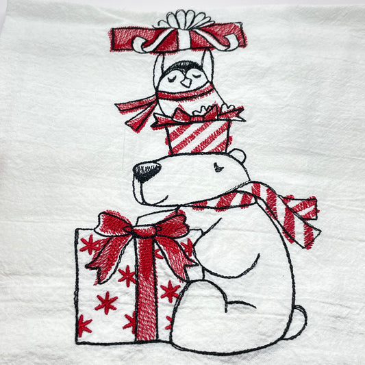 Polar Bear Penguin Present Stack Embroidered Tea Towel