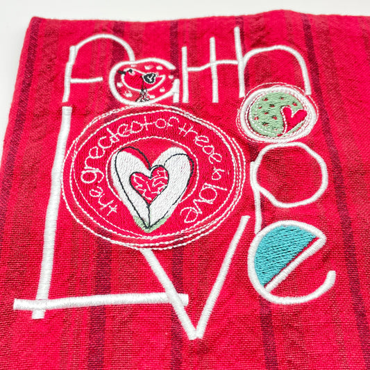 Faith Hope Love Embroidered Tea Towel