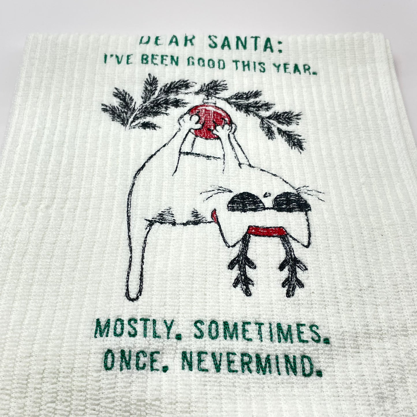 Dear Santa Cat Embroidered Tea Towel