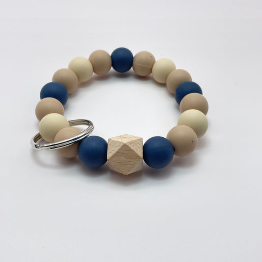 Wood Hexagon Dark Blue Tan Ivory Nylon Cord Silicone Wristlet