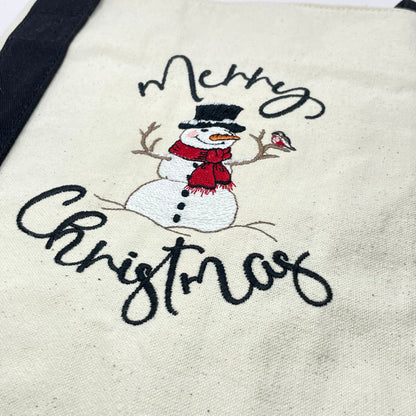 Merry Christmas Snowman Embroidered Tote Bag