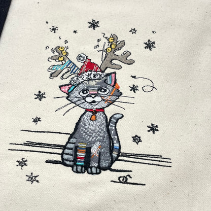 Cat with Antlers Embroidered Tote Bag