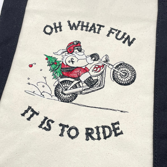 Santa Motorcycle Embroidered Tote Bag