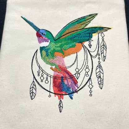 Hummingbird  with Feathers Embroidered Tote Bag