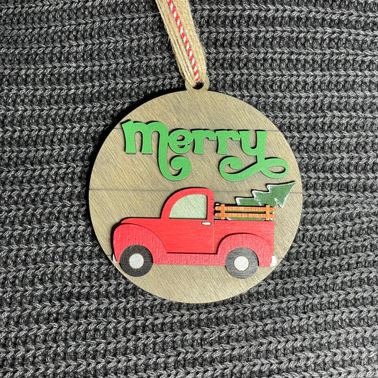 Round "merry" Truck Layered Wood Ornament