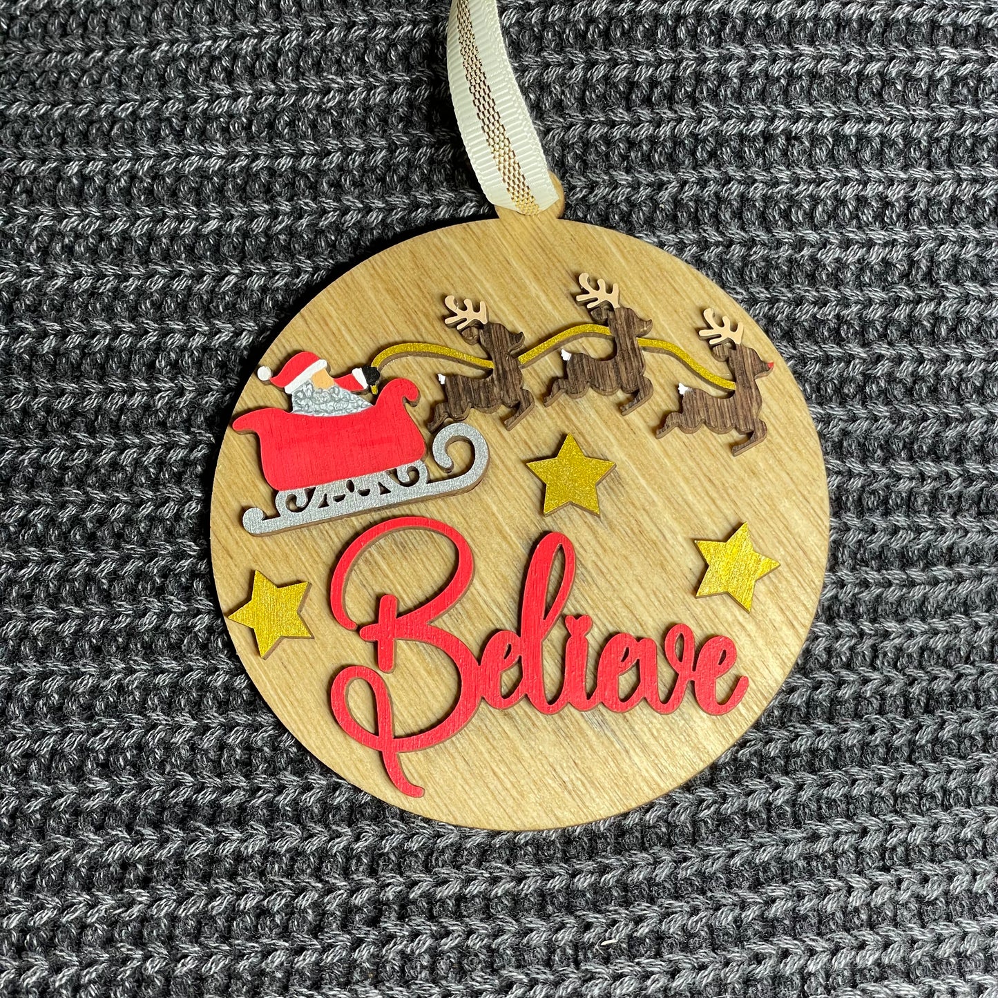 Round Sleigh & Reindeer "Believe" Layered Wood Ornament