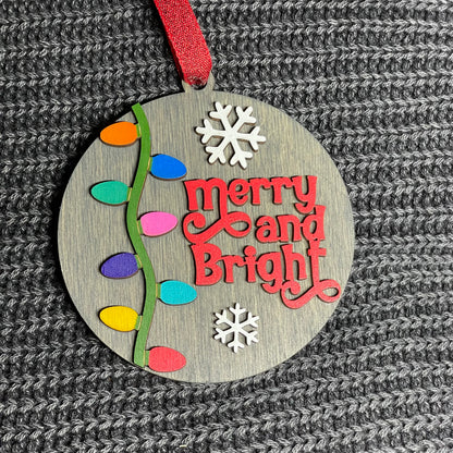 Round "Merry & Bright" Lights Layered Wood Ornament