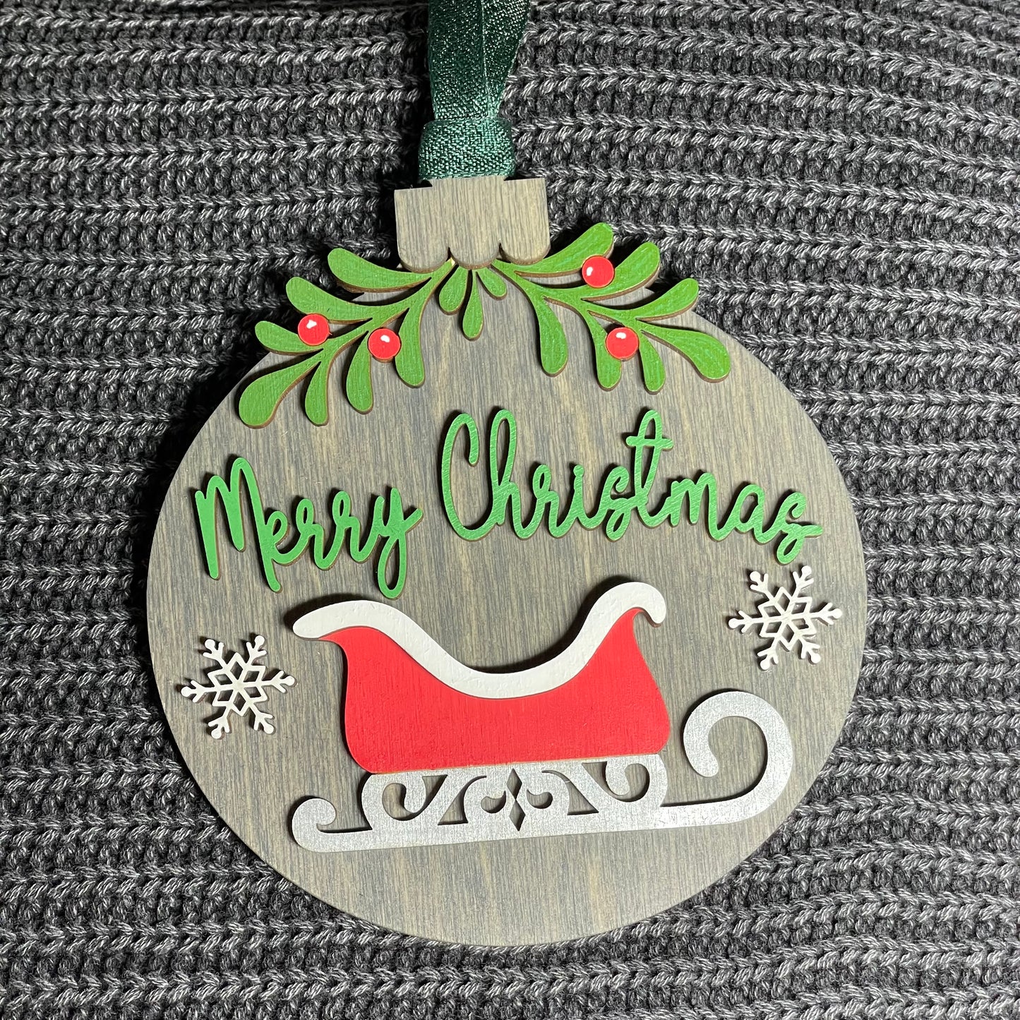 Mistletoe Sleigh Layered Wood Ornament