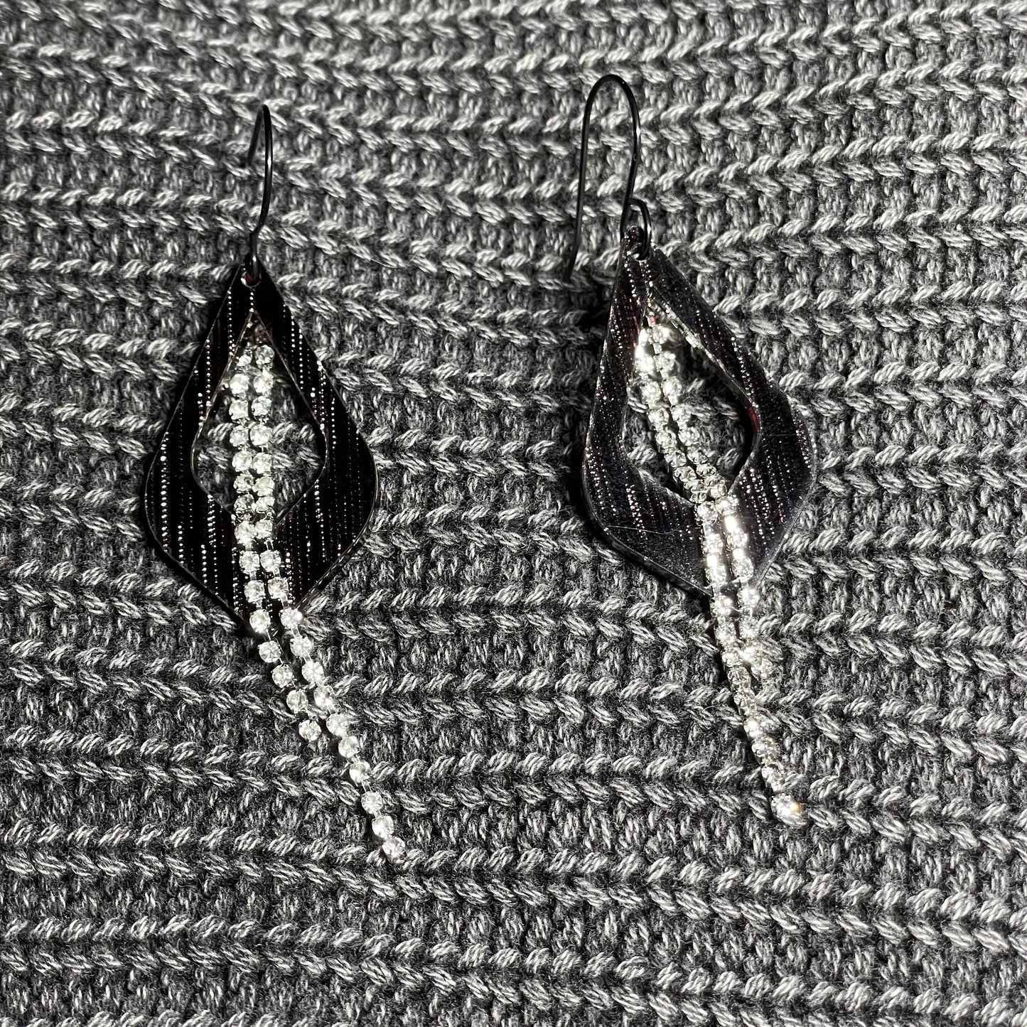 Black Shimmer with Rhinestone Chain Drop Dangle Earrings