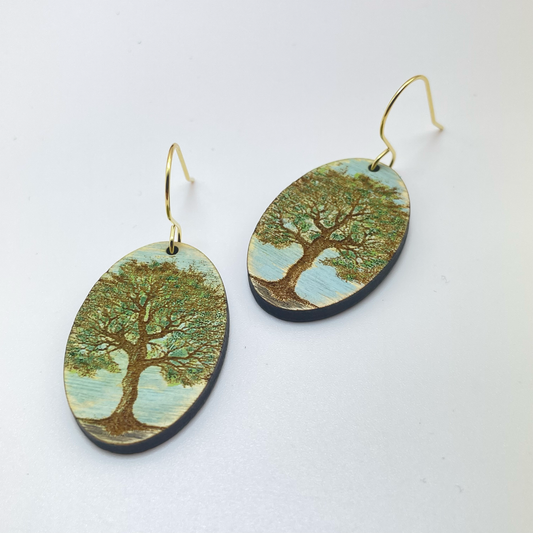 Oval Painted Tree of Life Drop Dangle Earrings