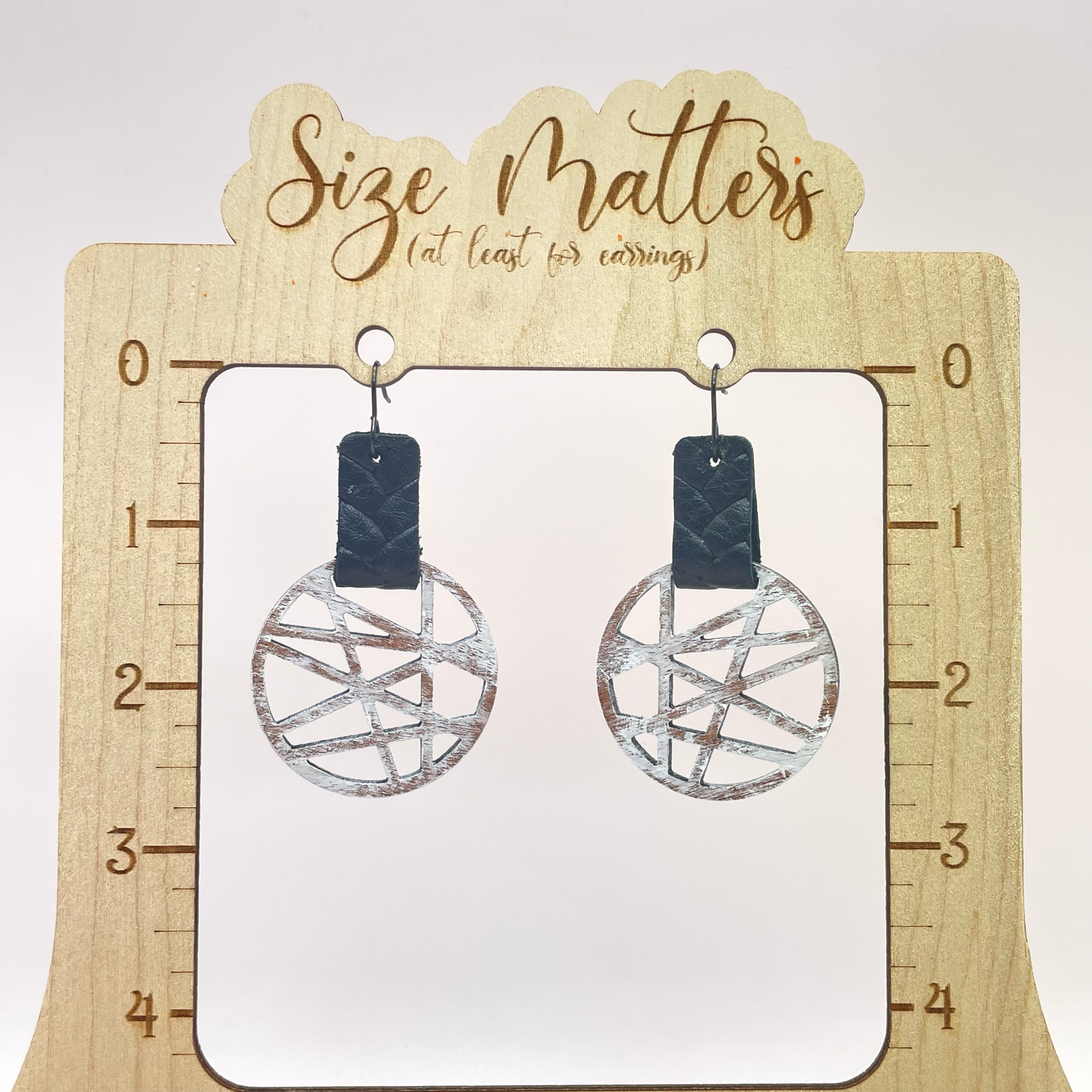 Abstract Lines Dial with Leather Connector Drop Dangle Earrings