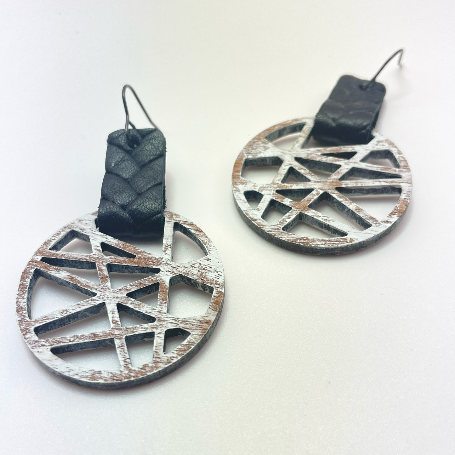 Abstract Lines Dial with Leather Connector Drop Dangle Earrings