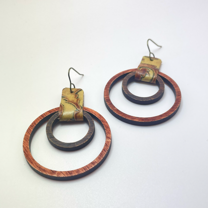 Double Ring with Leather Connector Drop Dangle Earrings