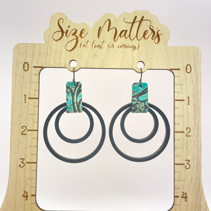 Double Ring with Leather Connector Drop Dangle Earrings