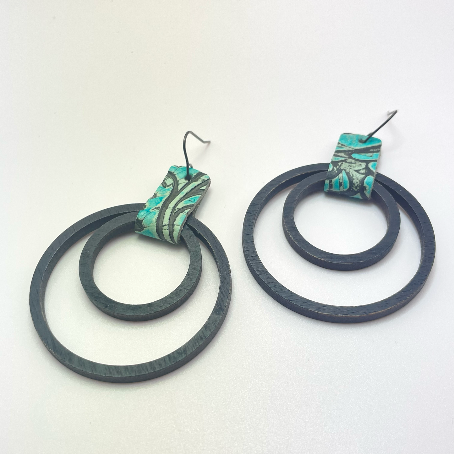 Double Ring with Leather Connector Drop Dangle Earrings