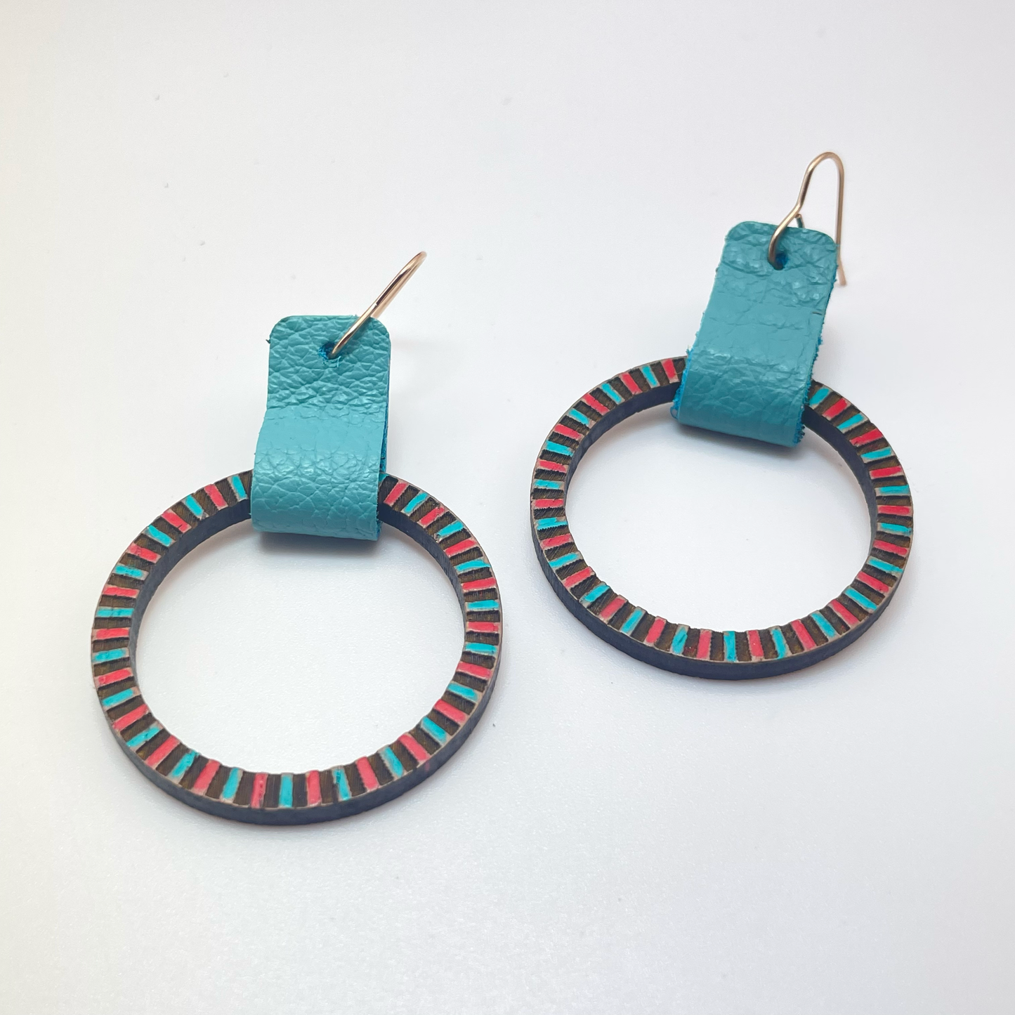 Lined Ring with Leather Connector Drop Dangle Earrings