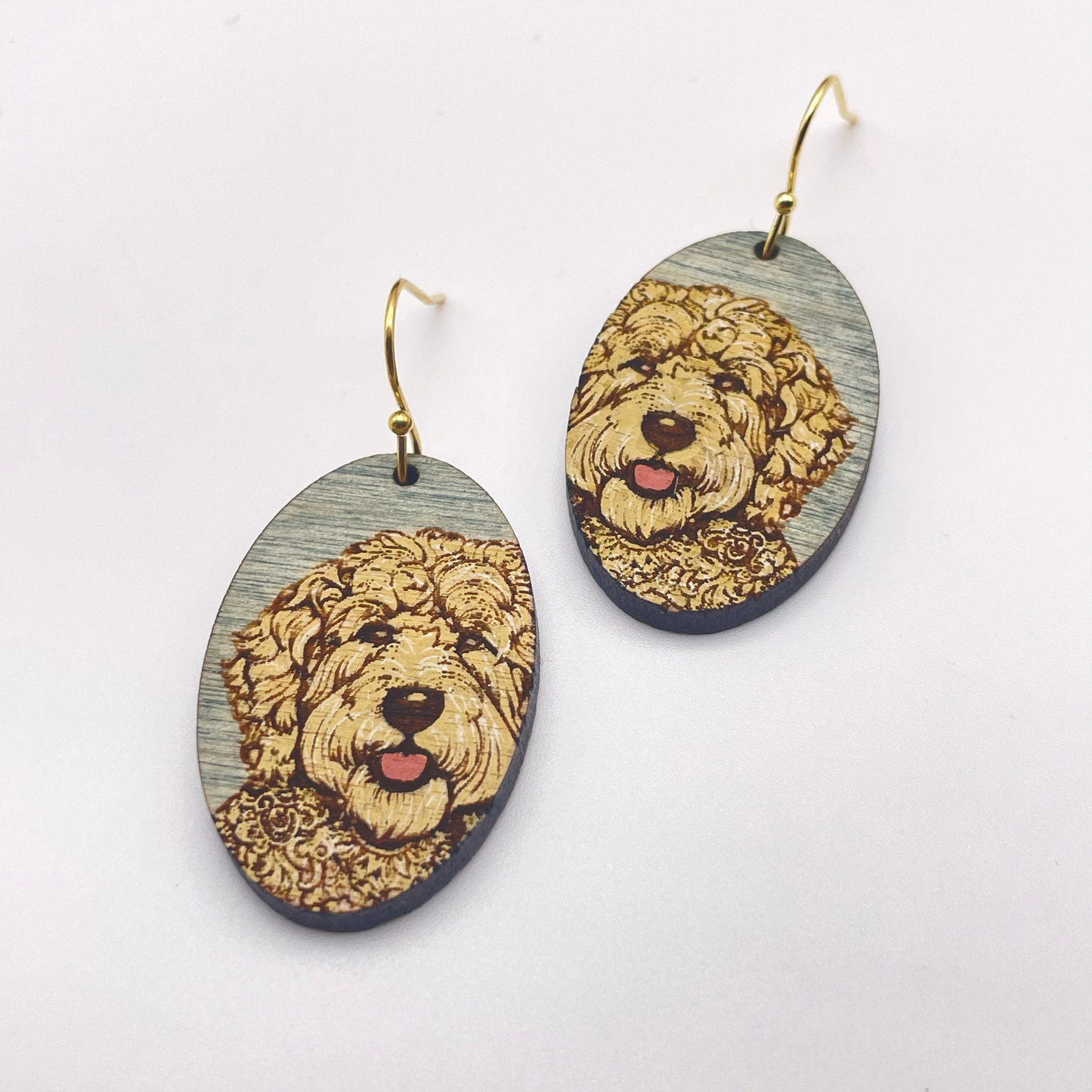 Golden Doodle Oval Drop Dangle Earrings