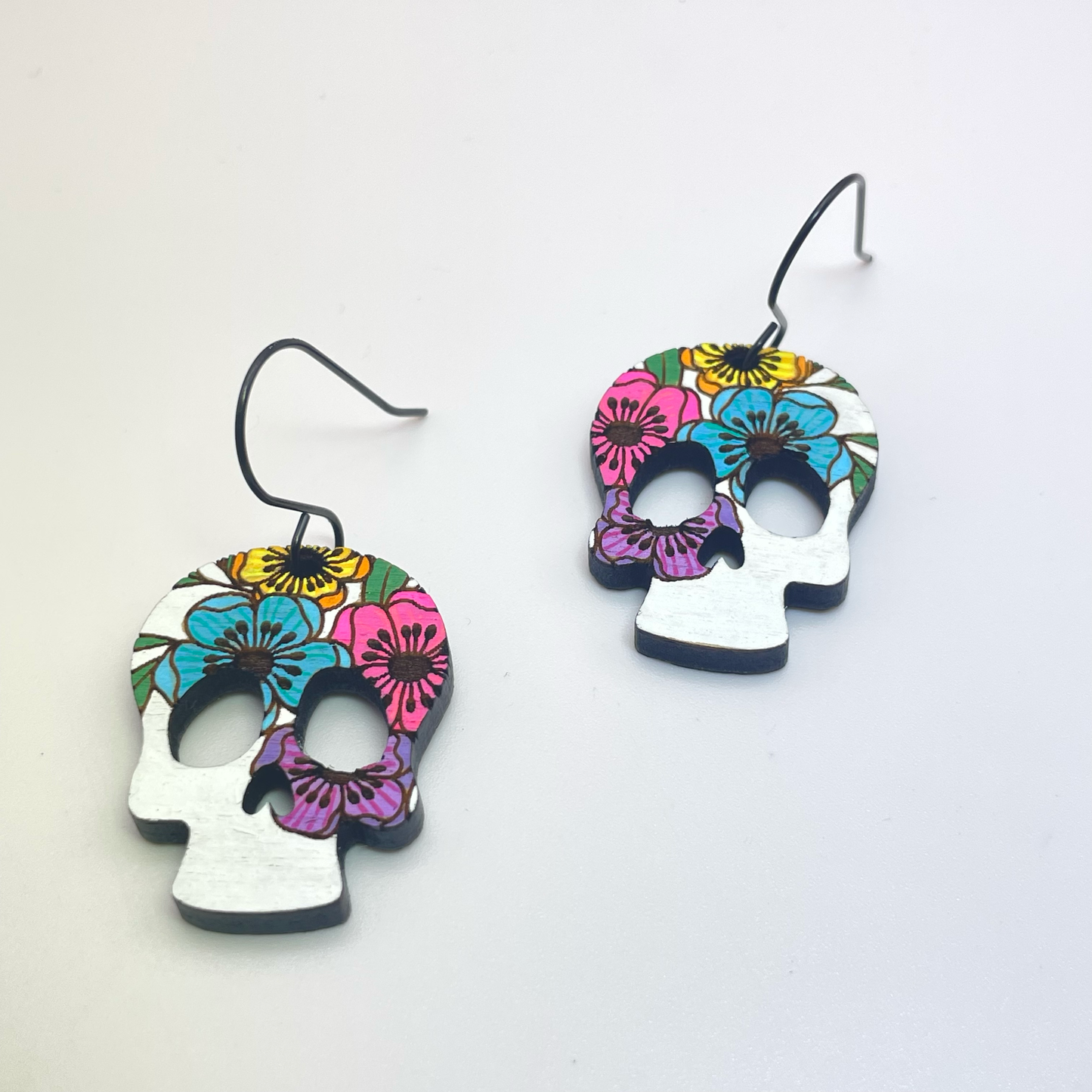 Floral Skull Drop Dangle Earrings