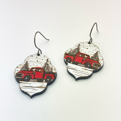 Red Truck Ornate Drop Dangle Earrings