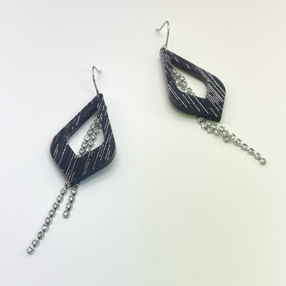 Black Shimmer with Rhinestone Chain Drop Dangle Earrings