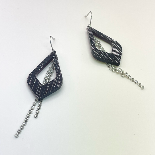 Black Shimmer with Rhinestone Chain Drop Dangle Earrings