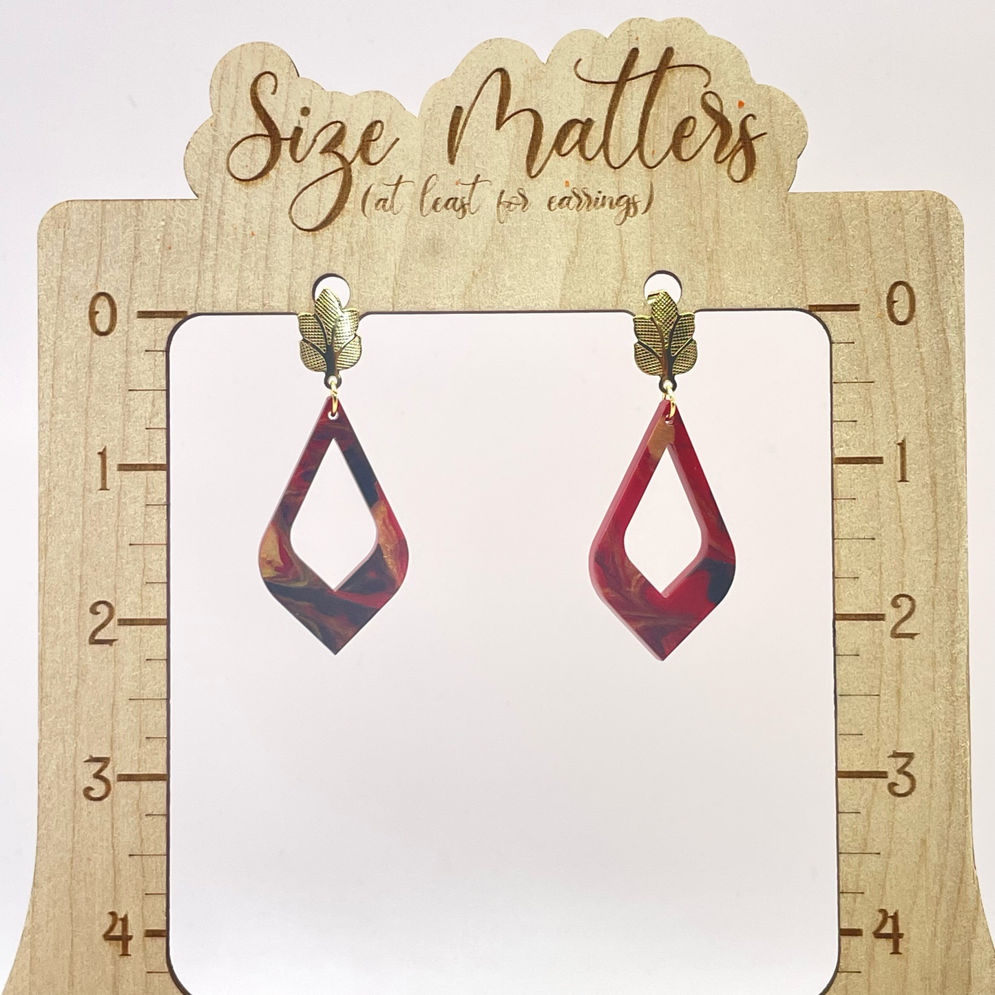 Red Black Gold Swirl with Gold Leaf Stud Dangle Earrings