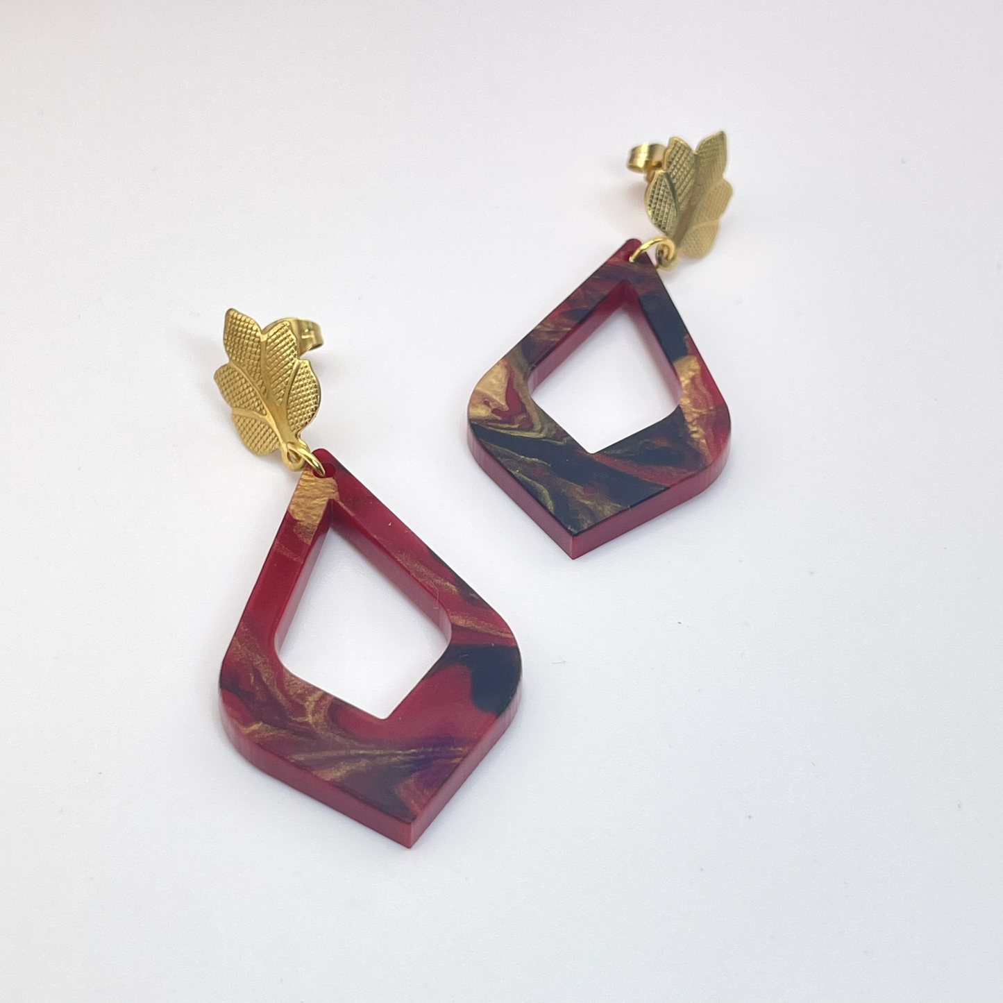 Red Black Gold Swirl with Gold Leaf Stud Dangle Earrings