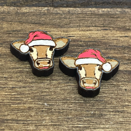 Small Cow with Santa Hat Stud Earrings