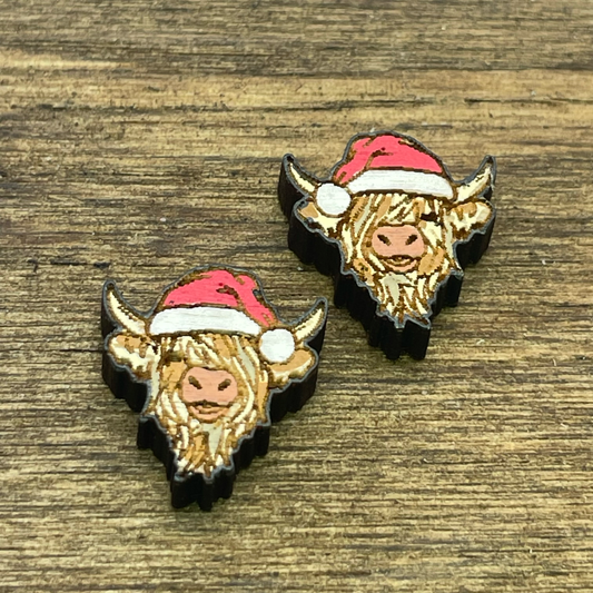 Highland Cow with Santa Hat Stud Earrings