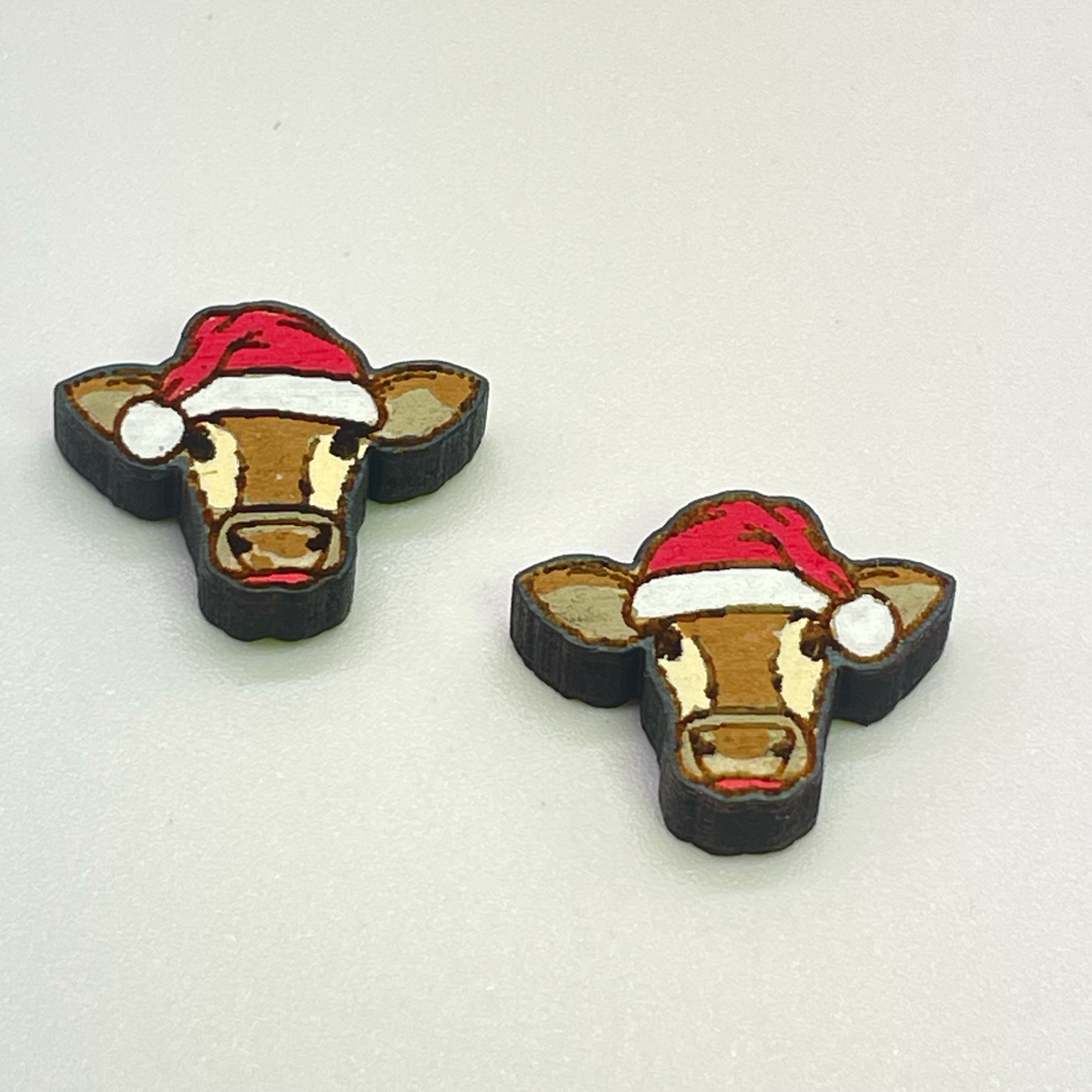 Small Cow with Santa Hat Stud Earrings