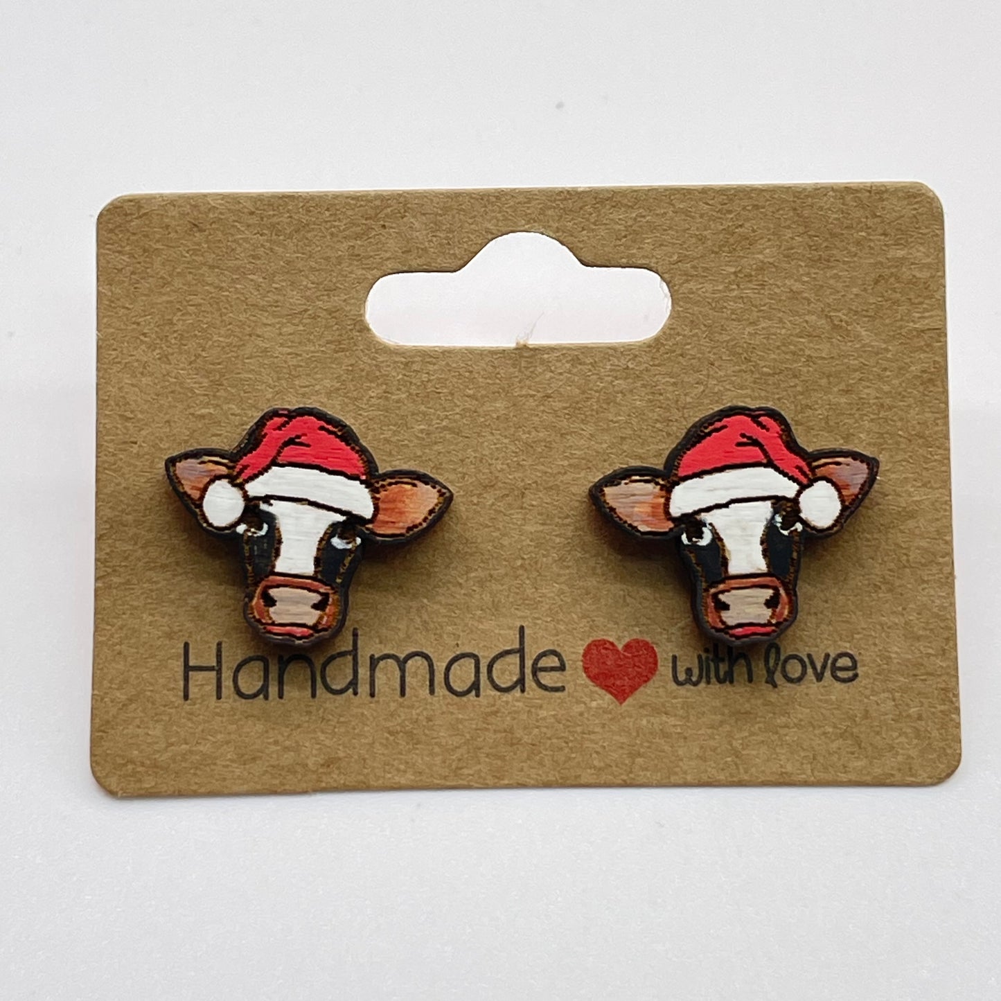 Large Cow with Santa Hat Stud Earrings