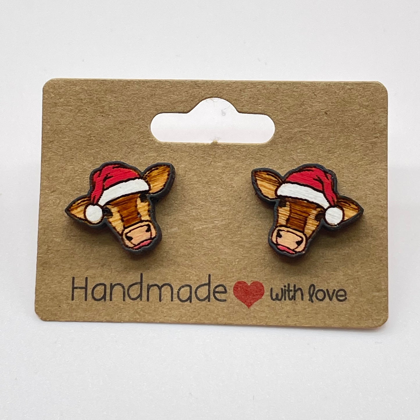 Large Cow with Santa Hat Stud Earrings