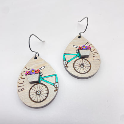 Flower Basket Bike Light Grey Drop Dangle Earrings