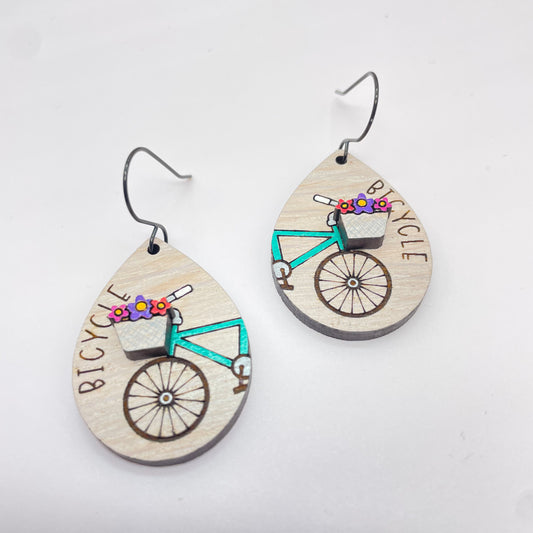 Flower Basket Bike Light Grey Drop Dangle Earrings