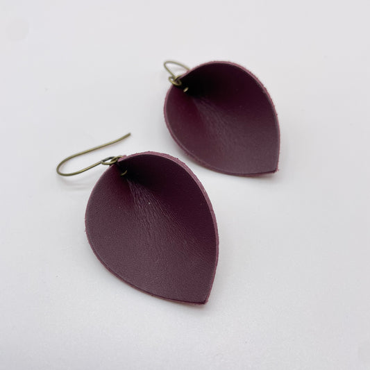 Maroon Pinched Petal Leather Drop Dangle Earrings