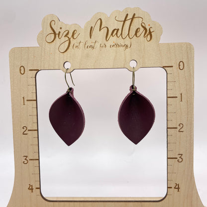 Maroon Pinched Petal Leather Drop Dangle Earrings