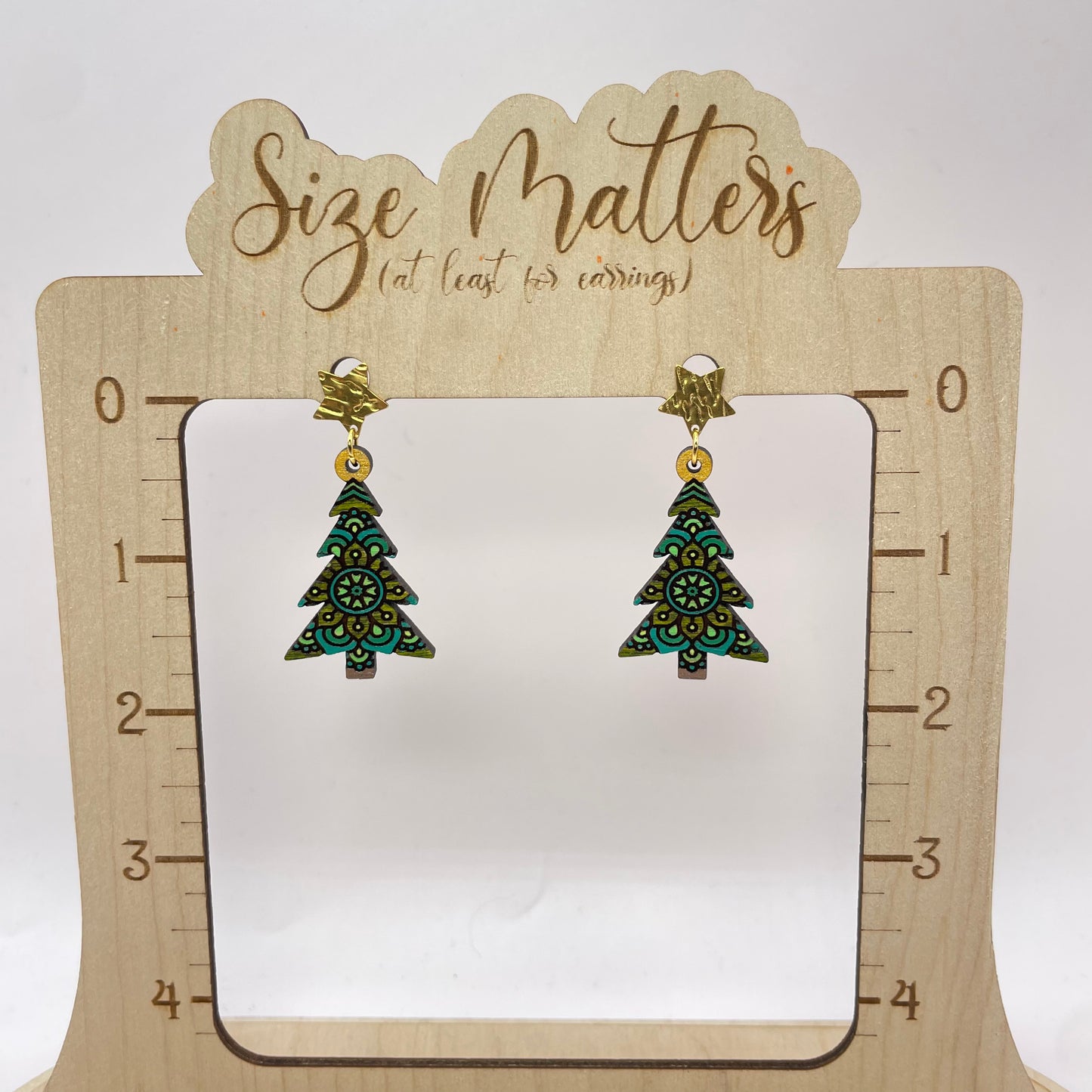 Christmas Tree Mosaic Gold Star Stud Dangle Earrings