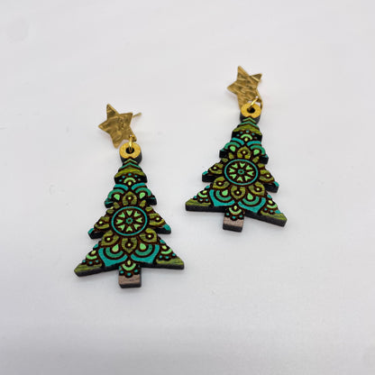 Christmas Tree Mosaic Gold Star Stud Dangle Earrings