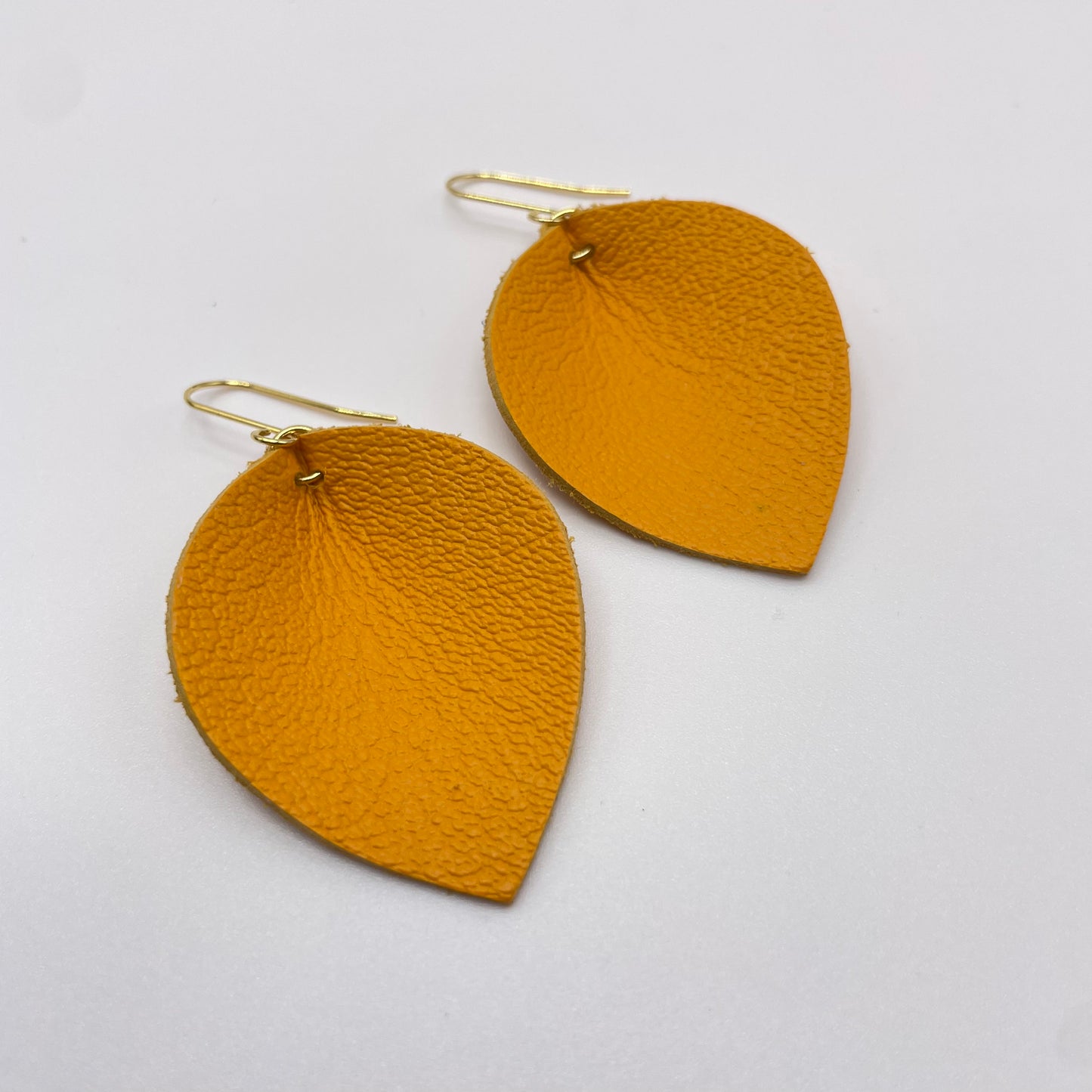 Mustard Pinched Petal Leather Drop Dangle Earrings